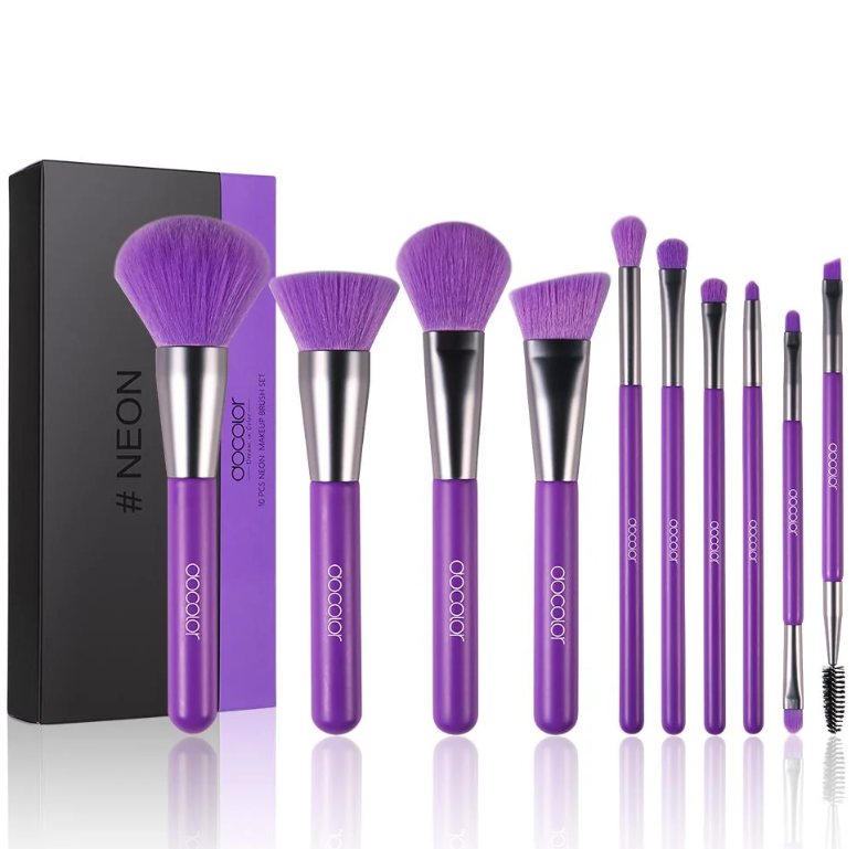 DOCOLOR SET DE 10 BROCHAS PARA MAQUILLAJE MORADO NEON